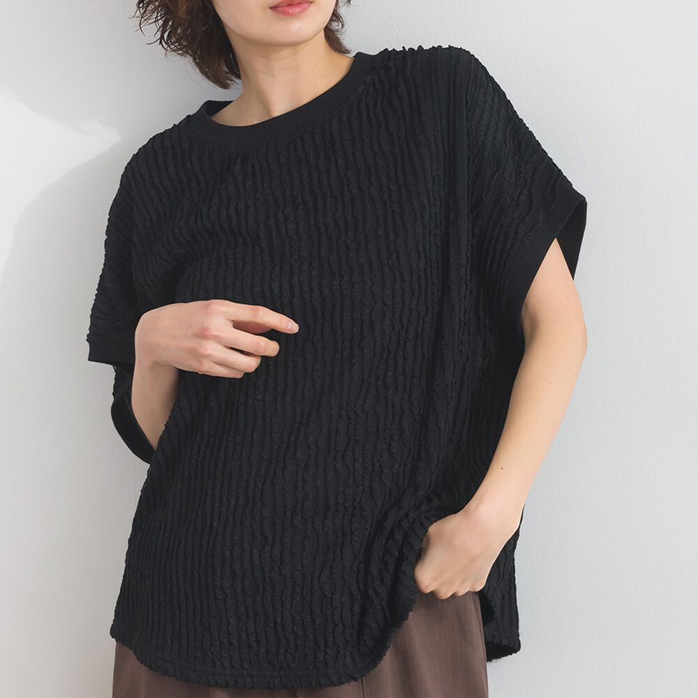 清新波浪紋理落肩寬版短袖上衣-黑