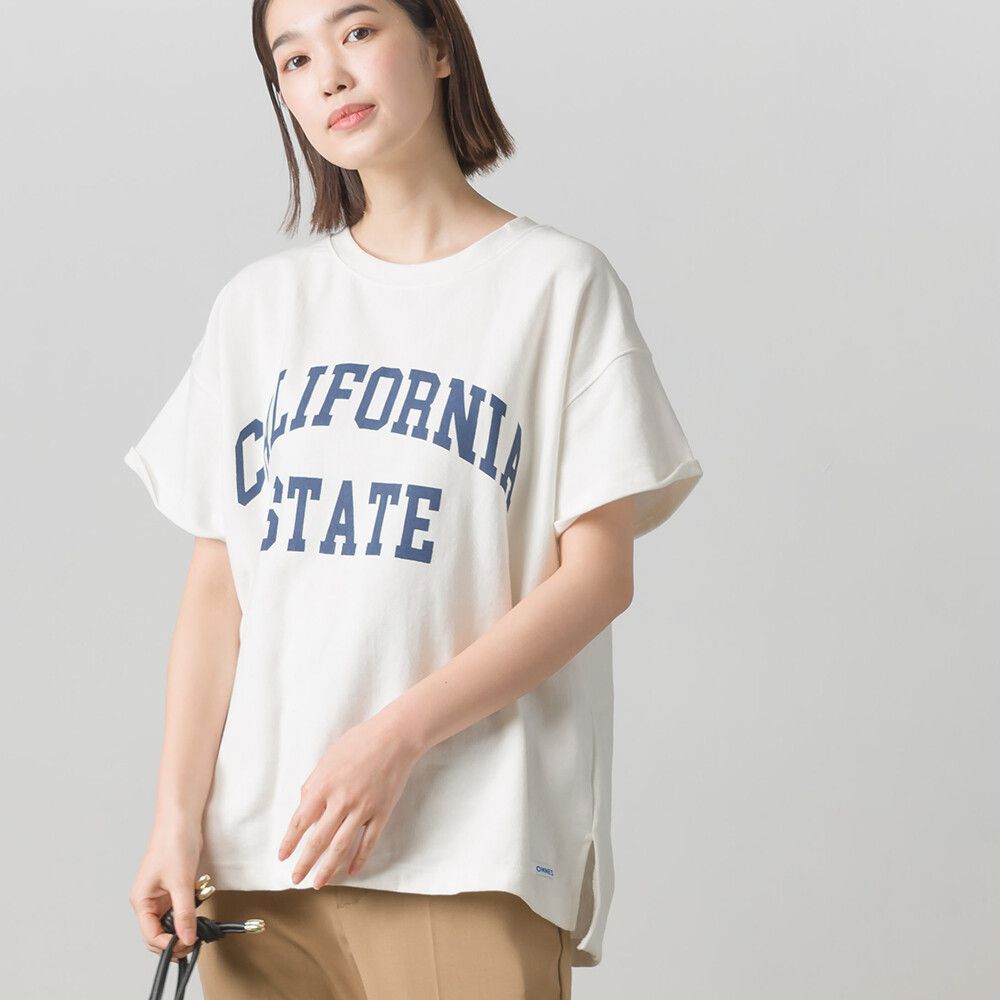 日本 OMNES - 純棉美式印花落肩短袖上衣-深藍