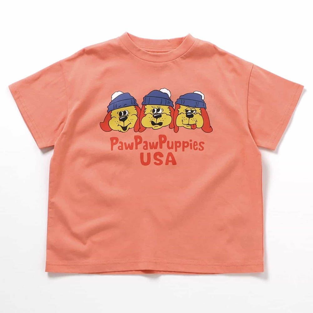 美式風格印花短袖上衣-帽子小狗-粉橘