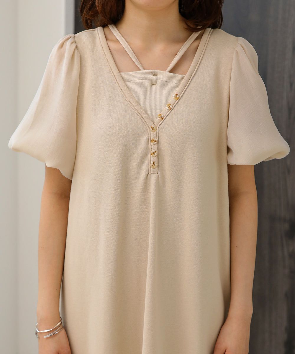 日本 Bab - 優雅綁帶V領泡泡袖洋裝-淺摩卡