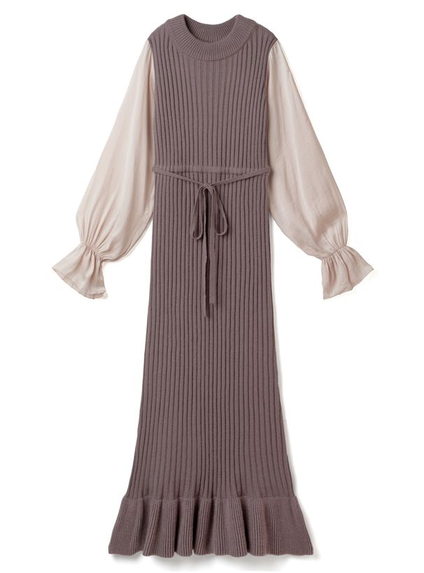 日本 GRL - 異材質拼接雪紡袖針織長洋裝-摩卡