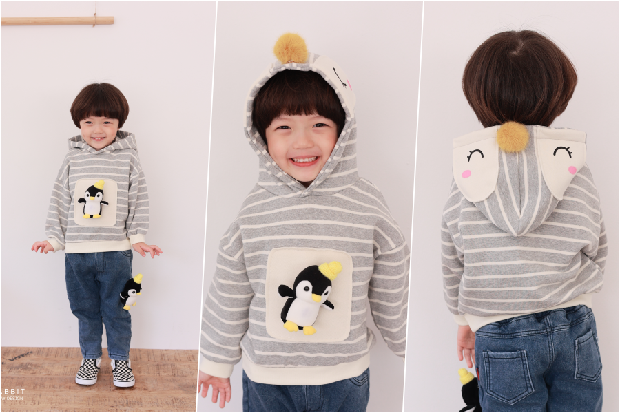 韓國 Coco rabbit - 害羞企鵝條紋連帽長袖上衣-灰