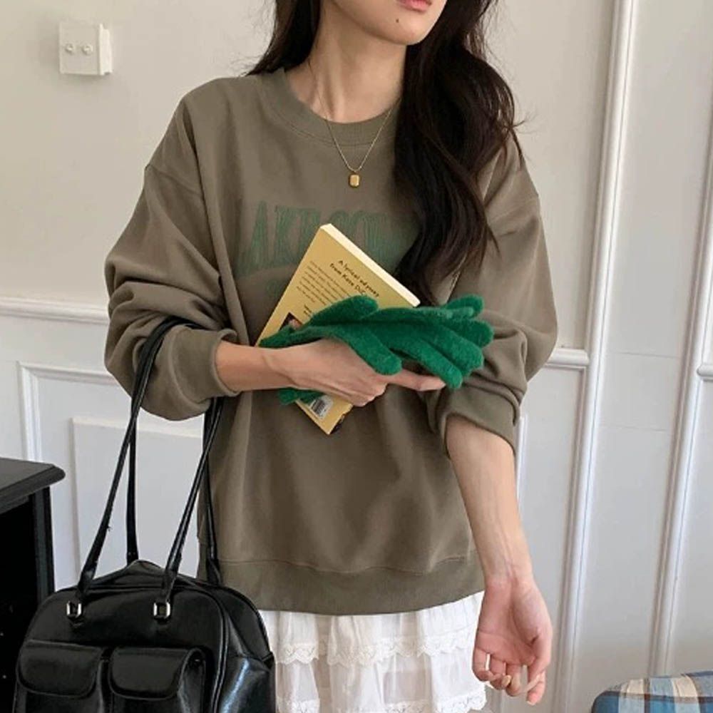 長袖大學T-刺繡字母蝴蝶結-軍綠 (F)