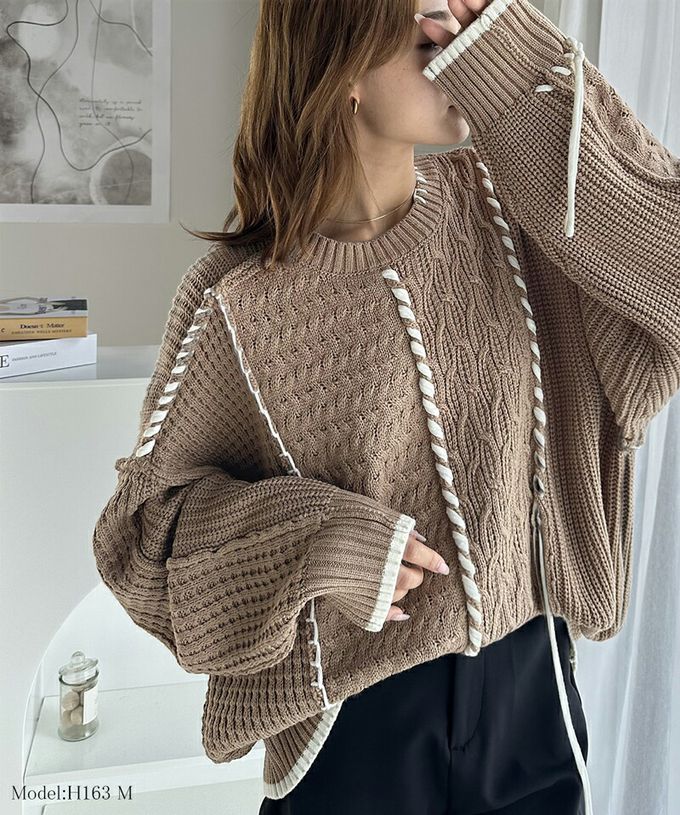 日本 Classical Elf - 2way跳色毛線編織寬鬆長版毛衣-摩卡