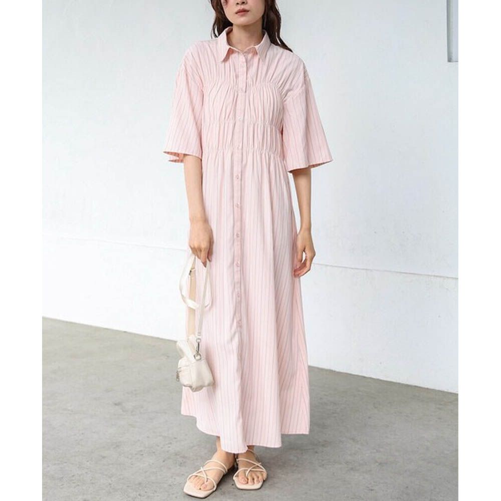 時尚抓皺襯衫式五分袖洋裝-條紋-粉紅