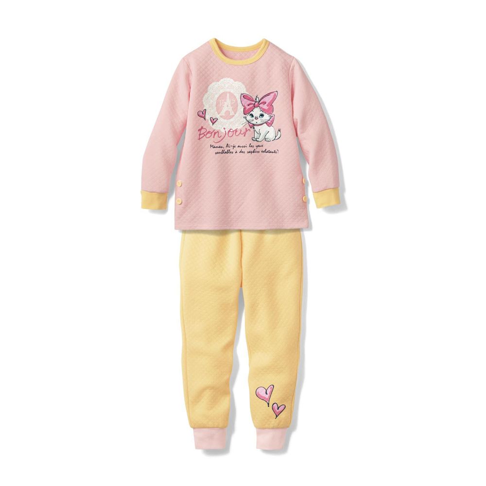 日本千趣會 - 迪士尼鋪棉保暖家居服/睡衣-緞帶瑪麗貓-粉X黃