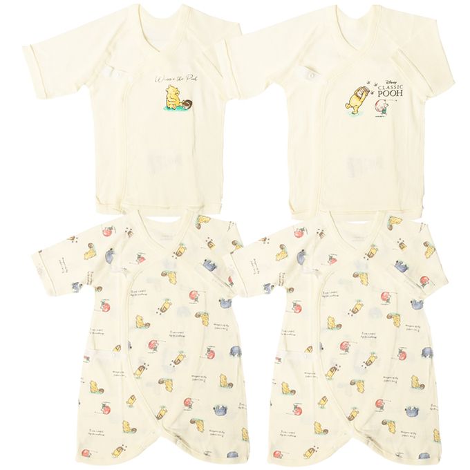 akachan honpo - 長袖新生兒內衣4件組-按扣款 復古小熊維尼-米白色 (肚衣:50cm 蝴蝶裝:50~60cm)