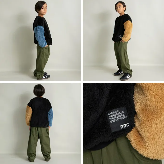 日本 BRANSHES - 泰迪熊雙面毛絨可愛長袖上衣-藍x黑撞色