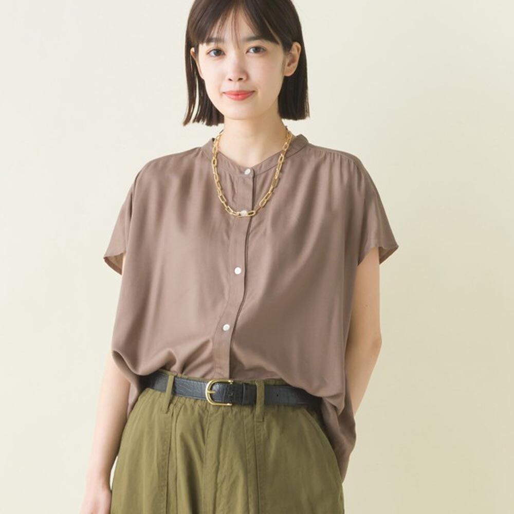 日本 OMNES - 嫘縈休閒感法式袖上衣-素面-摩卡