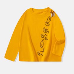 BE TOP - 純棉圓領薄長袖上衣-調皮貓咪-黃色