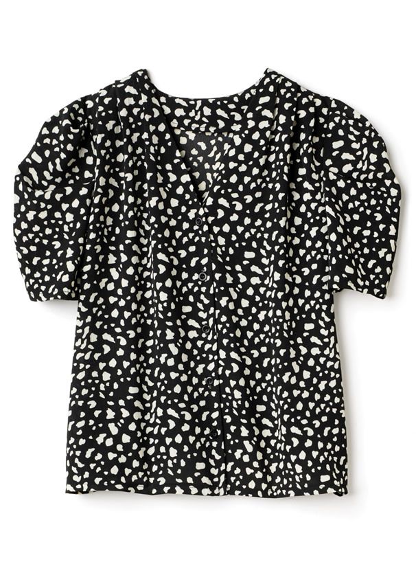 日本 GRL - 復古V領豹紋雪紡短袖上衣-白