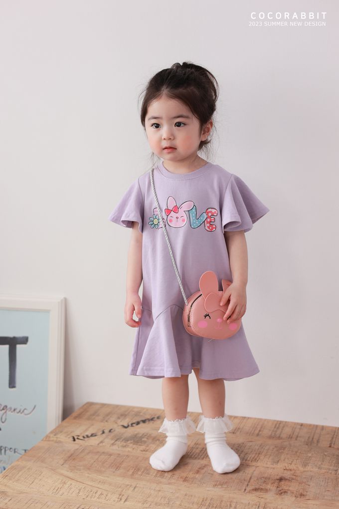 韓國 Coco rabbit - (附包包)立體兔耳裝飾短袖洋裝-LOVE印-紫