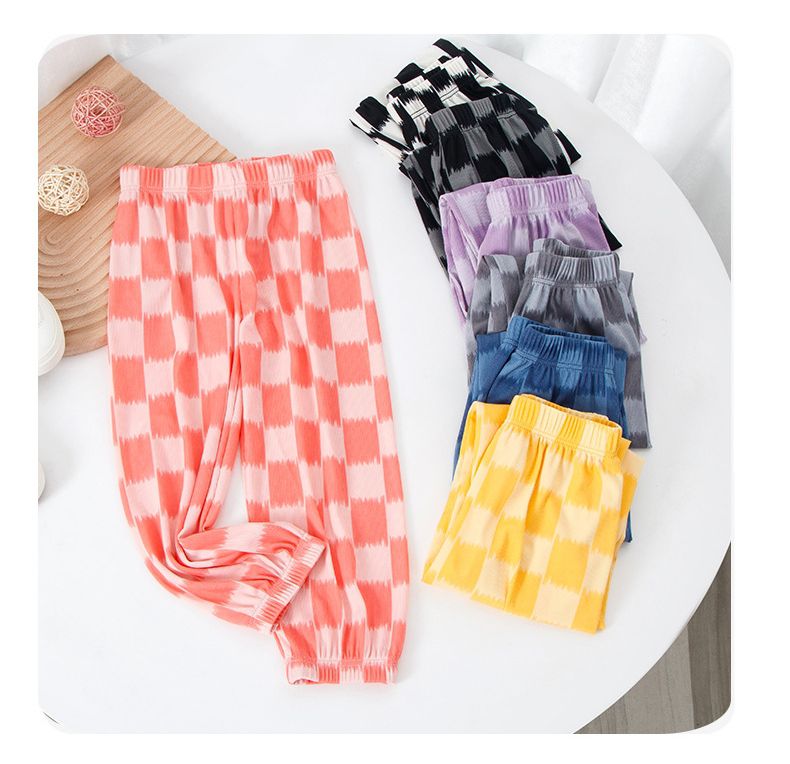 涼感透氣百搭防蚊褲/空調褲-大大格紋-黃色