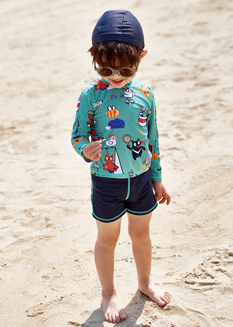 男寶防曬長袖泳裝套裝(附帽子)-動物世界-綠色