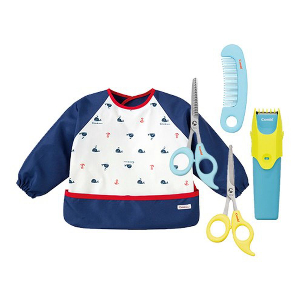 日本 Combi - 優質可水洗幼童電動理髮器+優質安全髮剪+優質安全髮剪髮梳組+mini 食事圍兜組合-長袖款-噴水鯨-海軍藍