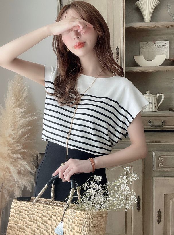 日本 GRL - 定番款 條紋針織法式袖上衣-米杏x黑 (F)