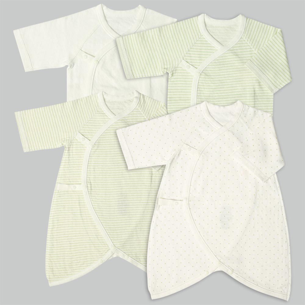 akachan honpo - 長袖新生兒內衣4件組蓬鬆棉質-按扣款-淺綠色 (50~60cm)