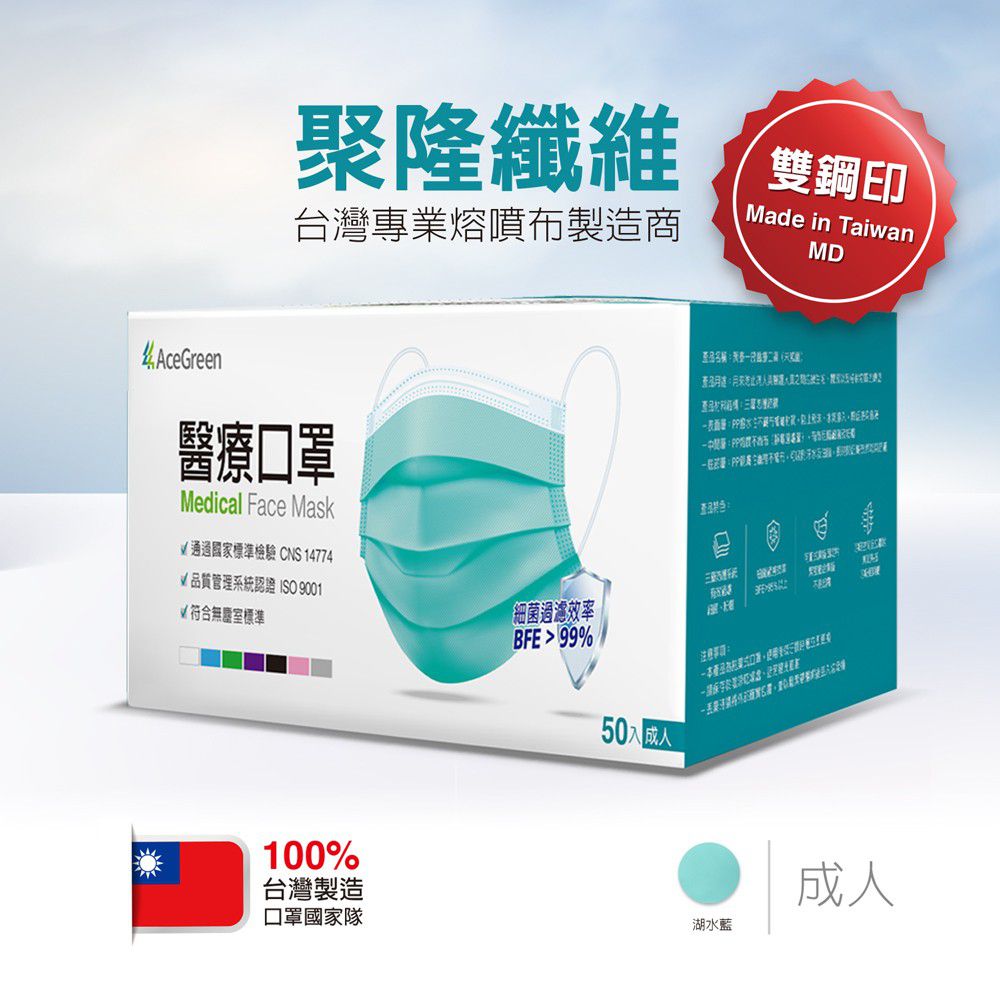 聚泰 Acegreen - 雙鋼印醫療口罩 (未滅菌)-成人平面-湖水藍-50片/盒