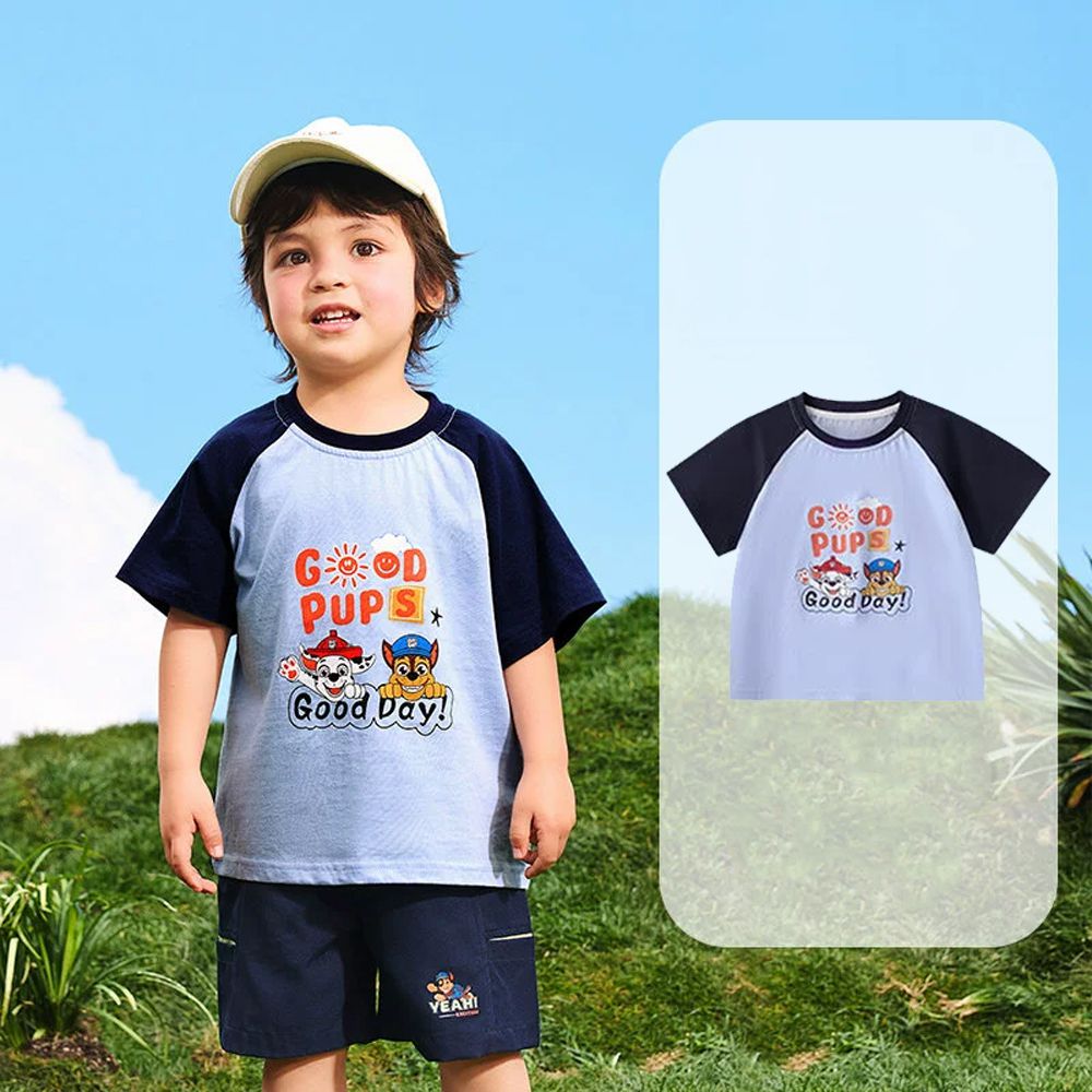 卡通汪汪隊拼袖撞色短袖上衣-藍色