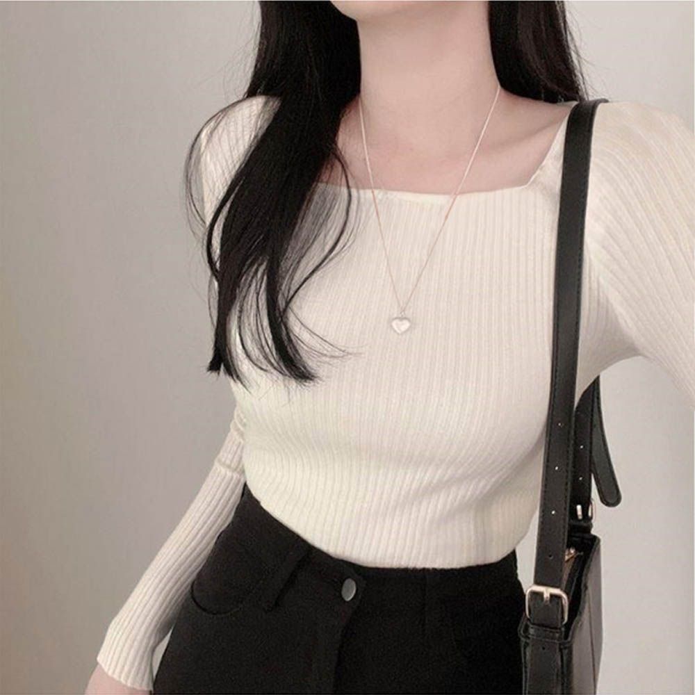 法式方領羅紋針織上衣-奶油杏