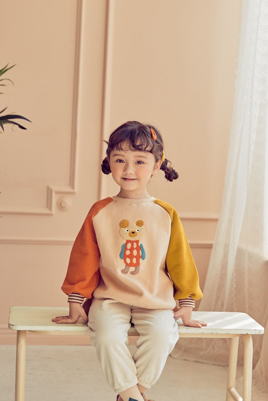 韓國 Mimico - (裏起毛)立體熊熊拼接色T-橘X黃