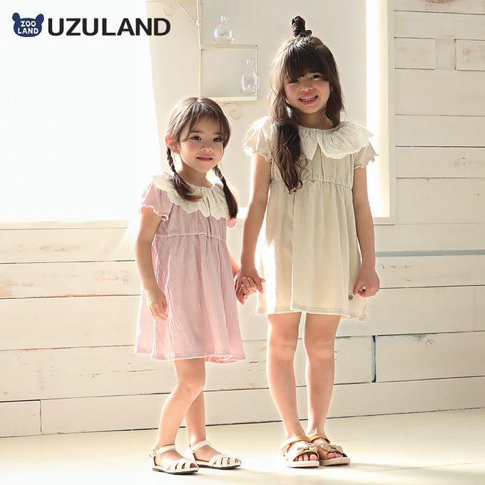 日本 ZOOLAND - 清爽楊柳 蕾絲領木耳短袖洋裝-米杏