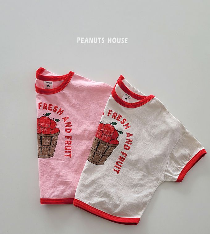韓國 Peanuts House - 純棉印花圓領短袖上衣-蘋果籃-米