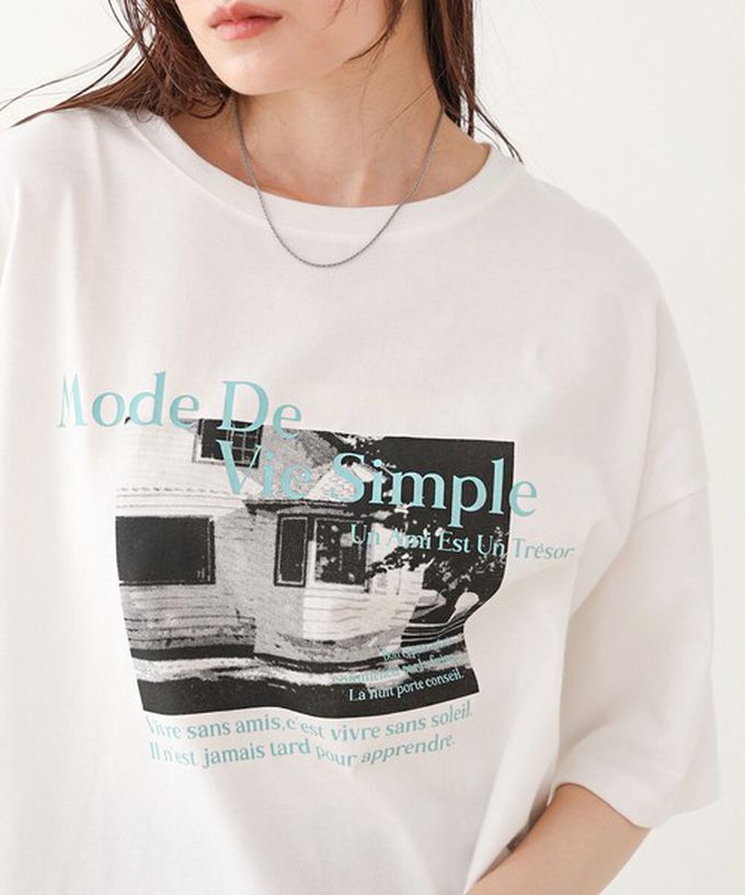 日本 Bab - 100%棉 極簡照片印花五分袖上衣-杏底綠字 (M)