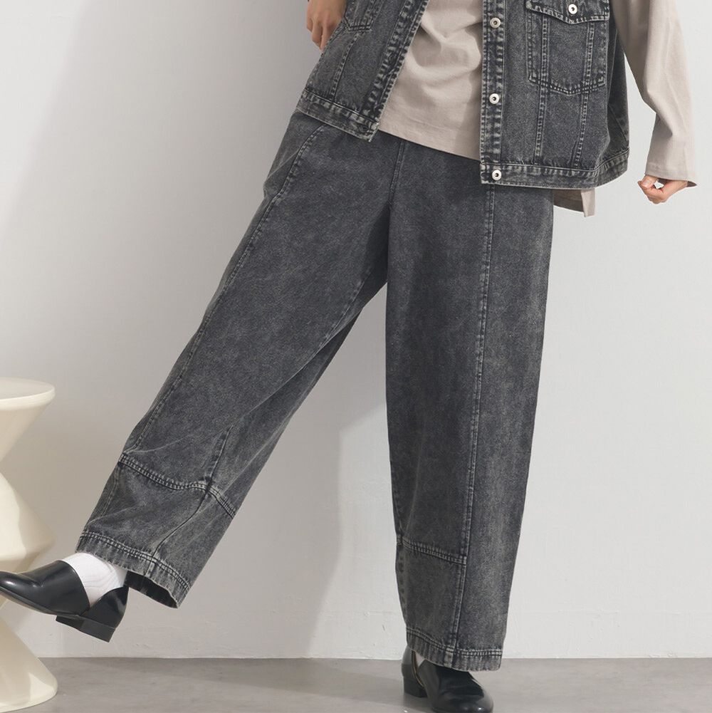 復古刷色感寬鬆丹寧繭型褲-霧黑