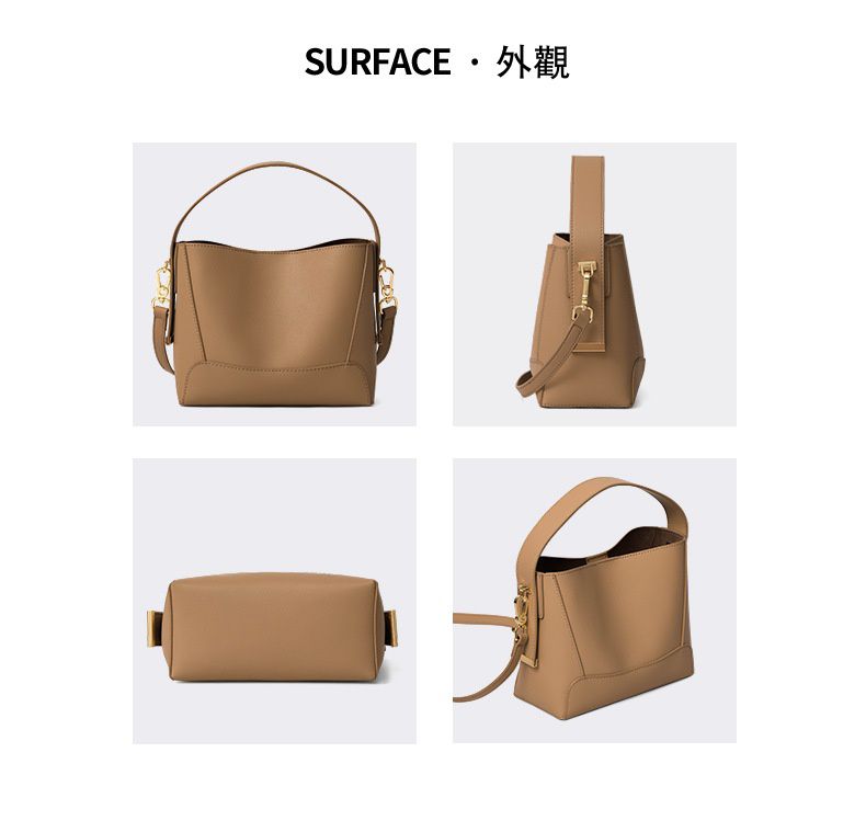 真皮水桶斜挎包-附拉鍊內袋-淺黃色 (21x17x9.5cm)