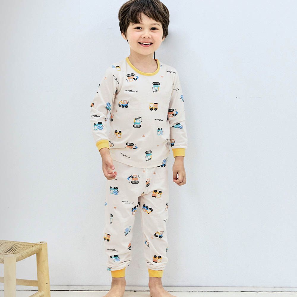 細緻柔棉薄長袖家居服-迷你工程車-米膚