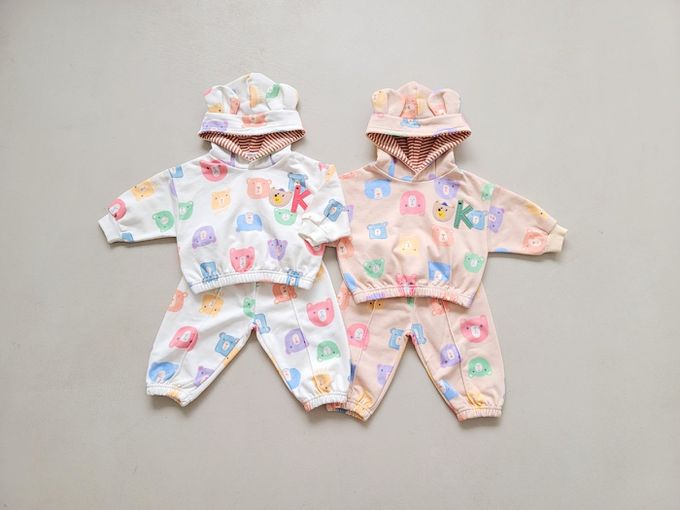 韓國 Mimico - 鬆緊腰多彩熊熊休閒縮口褲-橘膚