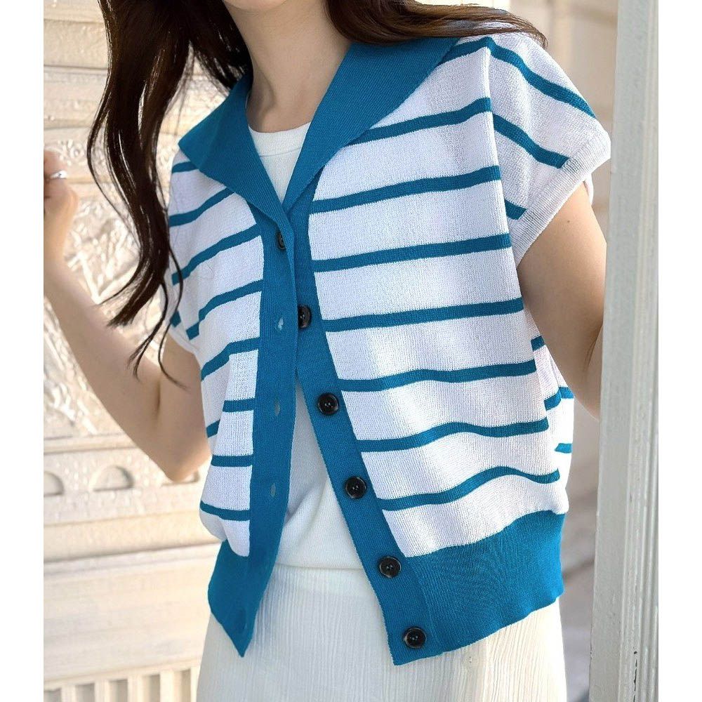 韓製 清爽棉麻排釦落肩短袖針織外套/上衣-條紋-土耳其藍 (FREE)