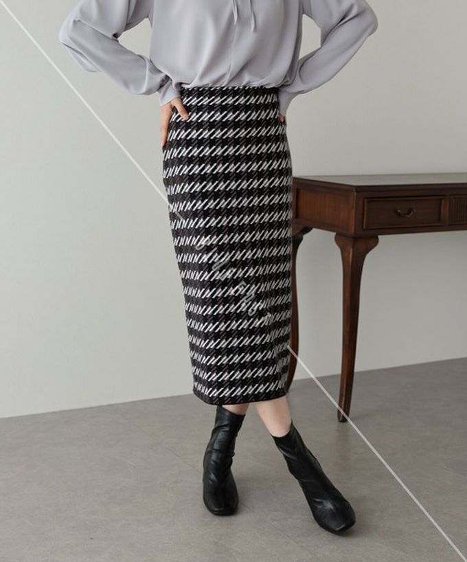 日本 BLUE EAST - 氣質千鳥格針織開叉合身長裙-灰白