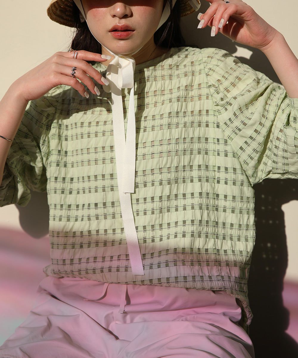 日本 Bab - 甜美格紋抽繩澎澎袖上衣-米杏