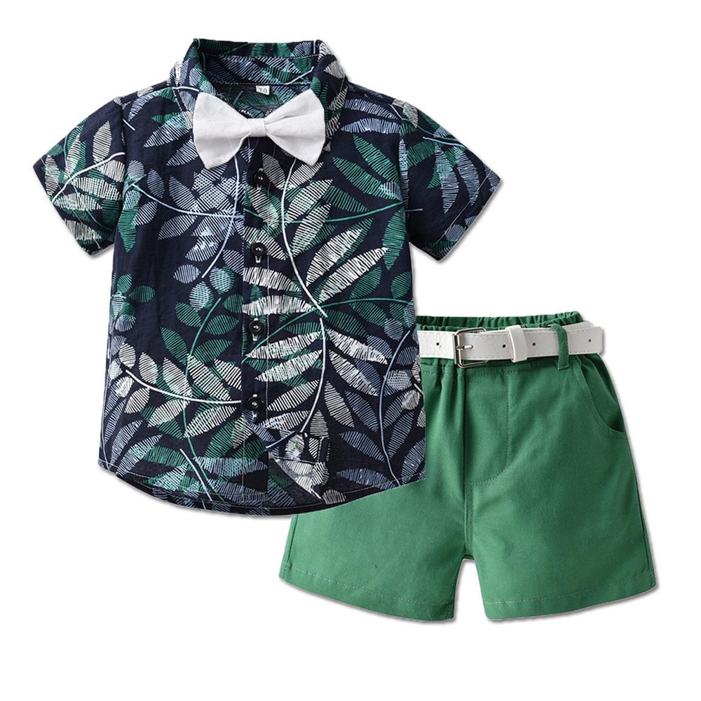 TemDoger - 小紳士短袖襯衫套裝-滿版樹葉-深藍+綠