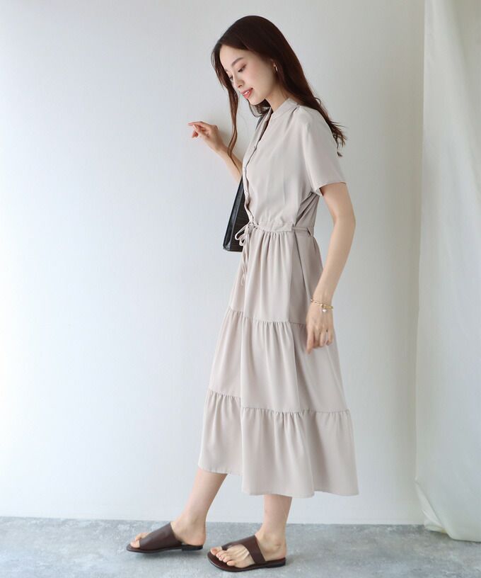 日本 BLUE EAST - 氣質小V領排釦短袖洋裝-素色-綠 (M(Free))