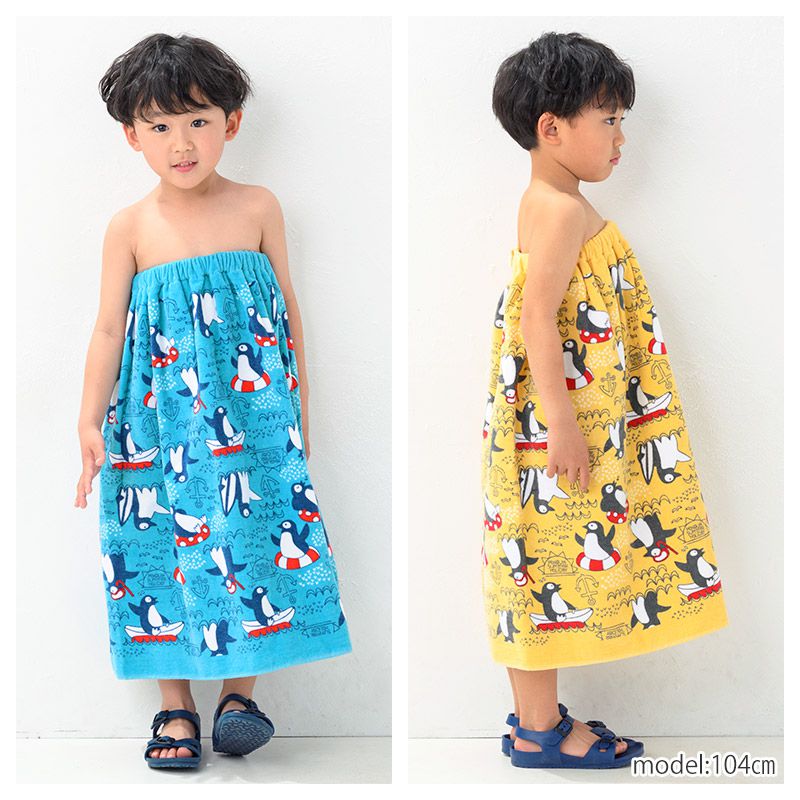 日本 ZOOLAND - 純棉海灘/游泳浴巾/浴袍 (附釦)-B企鵝夥伴-藍 (長60cm(幼稚園~國小低年級))