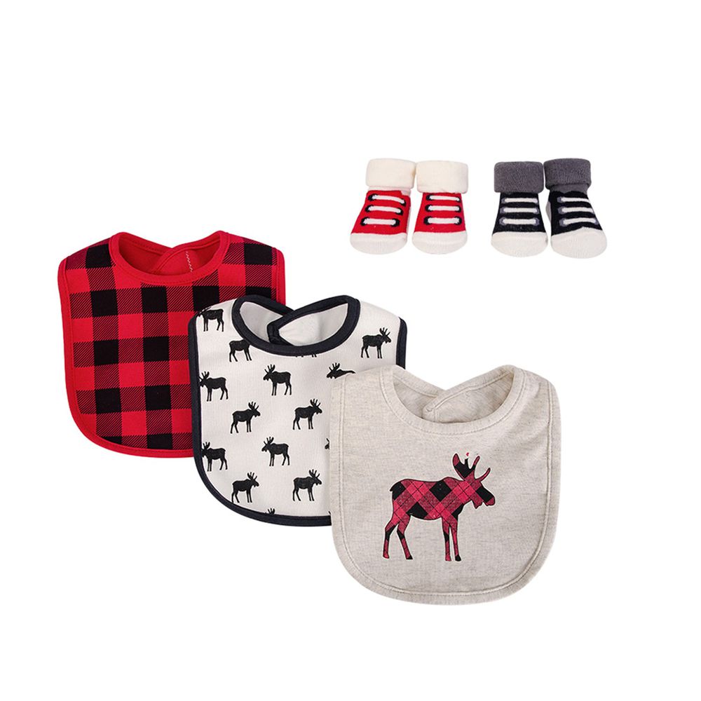 美國 Luvable Friends - 嬰幼兒雙層吸水口水巾圍兜與短襪組-紅色麋鹿