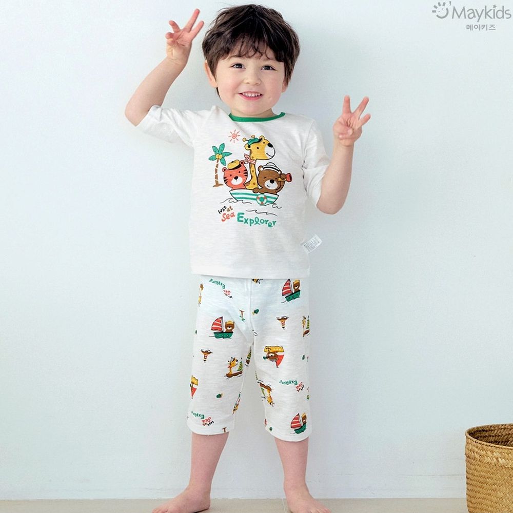 輕薄細柔棉七分袖家居服-海上探險動物-白X綠