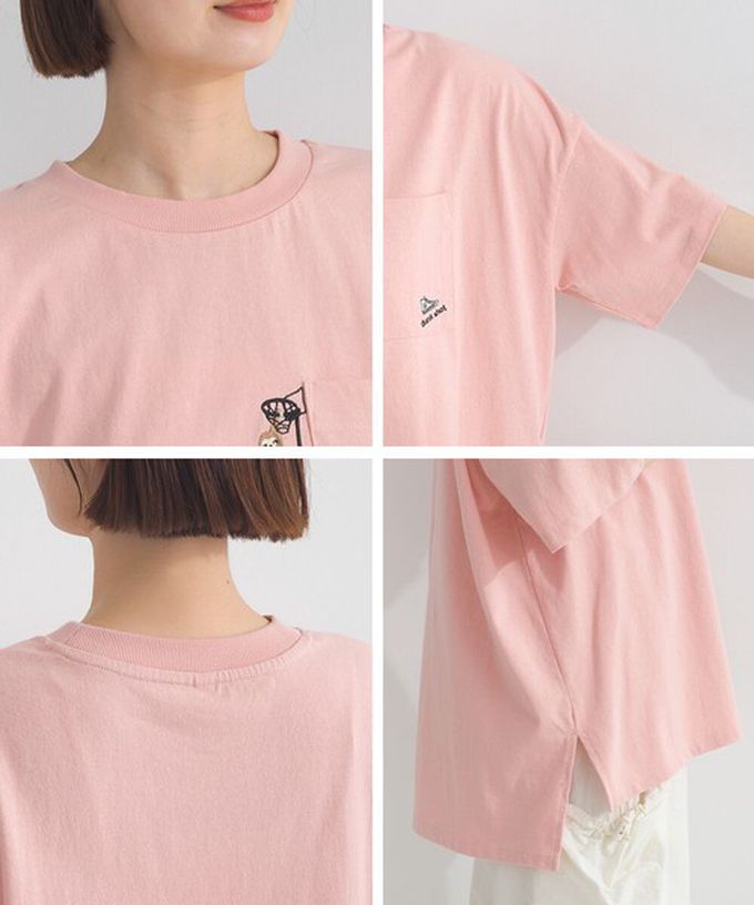 日本 Lupilien - 16支天竺棉俏皮動物刺繡大口袋短袖T恤-粉紅