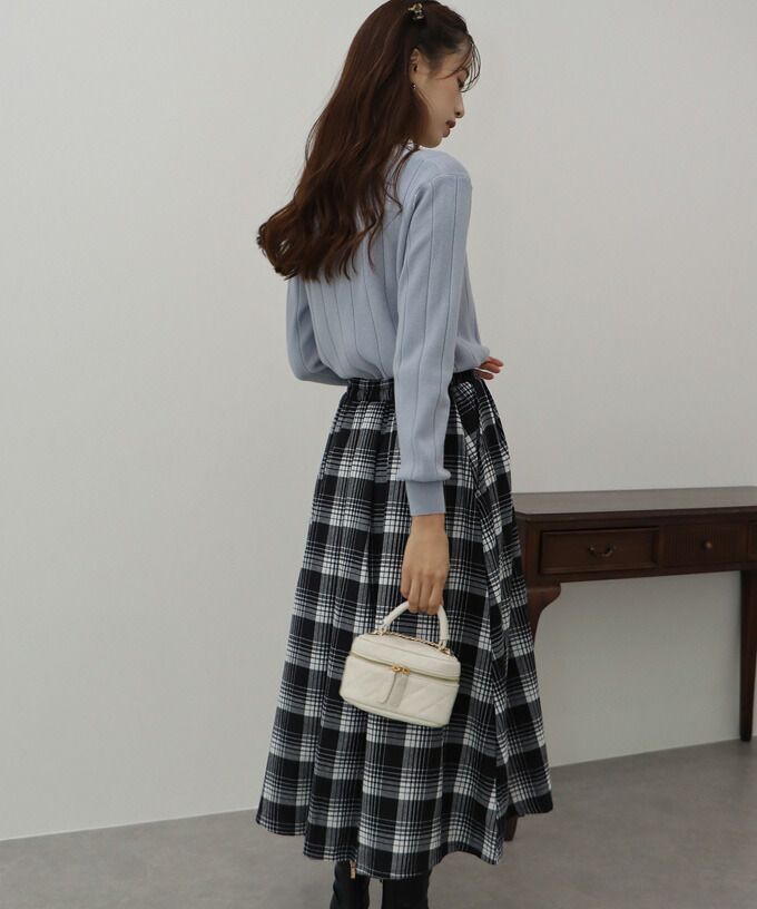 日本 BLUE EAST - 文藝細緻格紋顯瘦長裙-綠黃黑