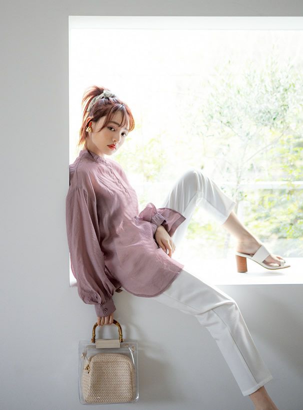 日本 GRL - 仿竹把手透明子母手提包/側背包-編織紋-米 (F)