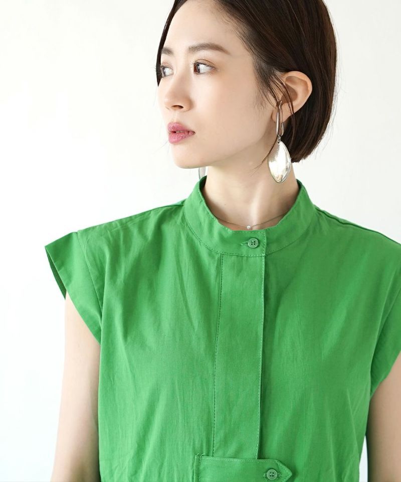 日本 zootie - 設計感抓皺修身無袖襯衫-綠