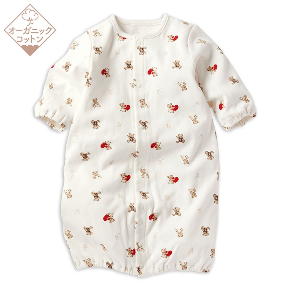 長袖有機棉連身衣-小熊-米白色 (50~70cm)
