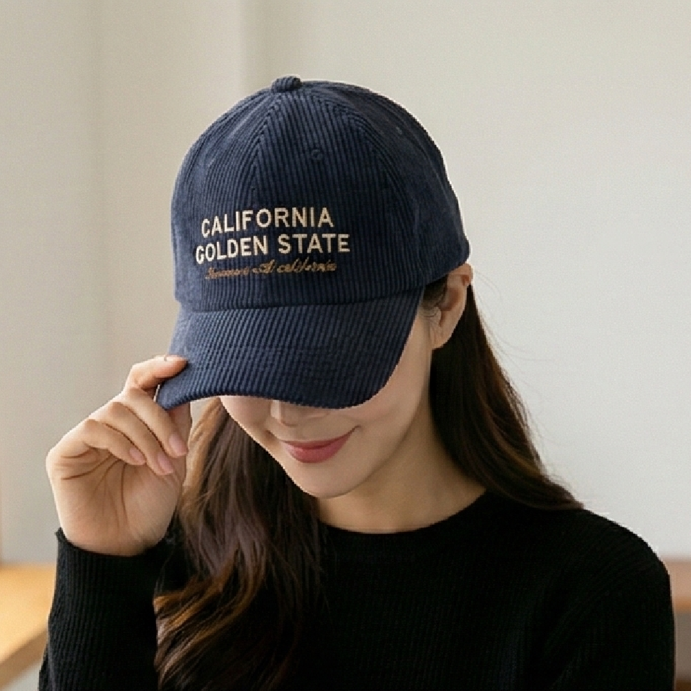 刺繡字母燈芯絨棒球老帽-海軍藍