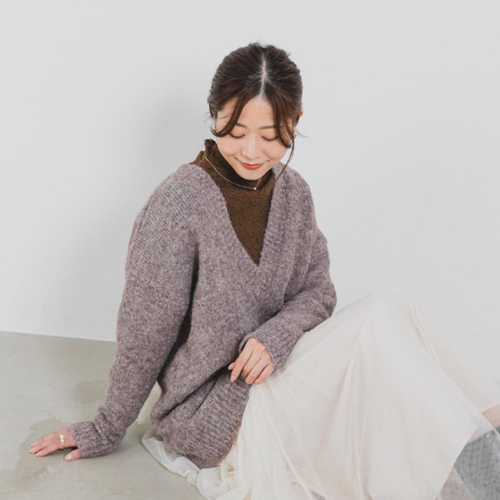 日本 ihuu - 柔軟深V領混羊毛針織上衣-摩卡