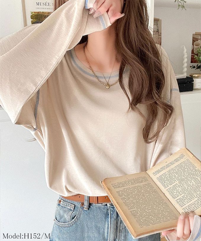 日本 Classical Elf - 透膚感配色線條薄長袖上衣-奶茶