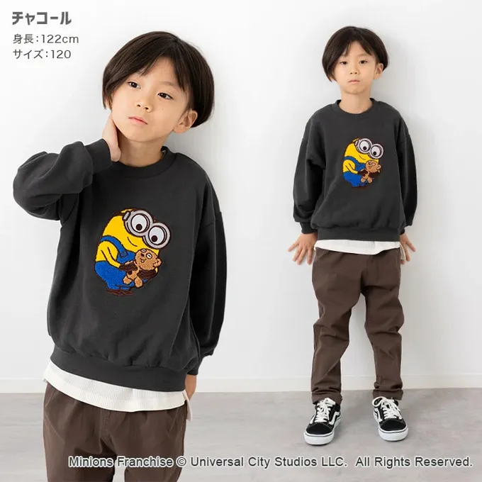 日本 Chil2 - 限量聯名 裏毛印花大學長袖上衣-卡通人物小小兵-立體刺繡-炭灰