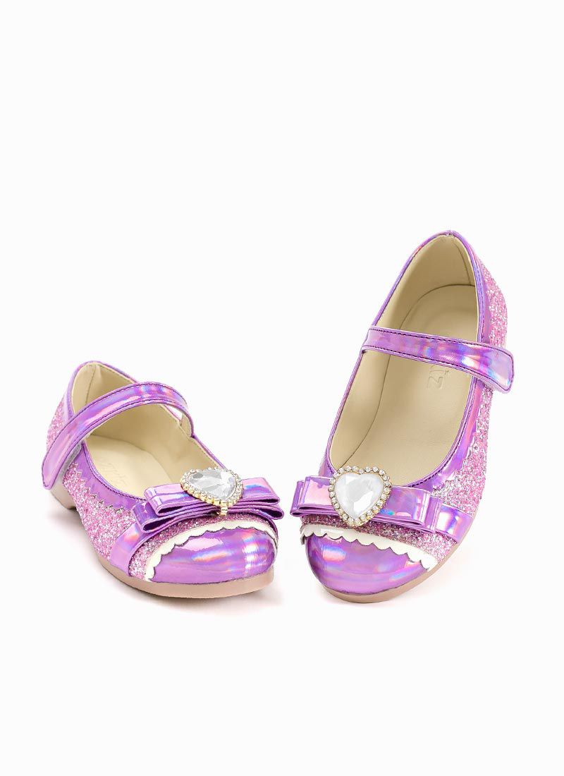 韓國 OZKIZ - 愛心寶石蝴蝶結亮粉皮鞋